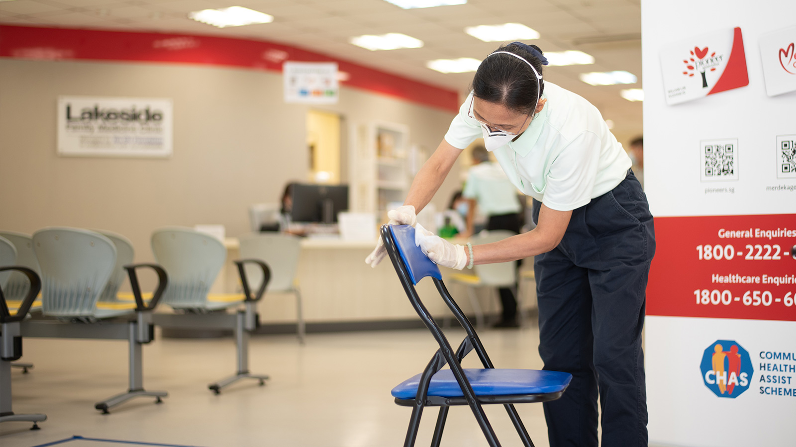 At Lakeside Family Medical Center, body temperature is taken before patients and visitors are allowed to enter the clinic and the chairs at the waiting lounge are sterilized twice a day by volunteers.